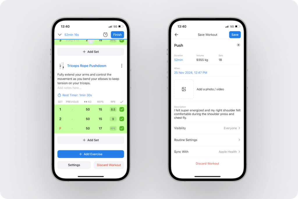 a look at a completed Hevy workout along with options to upload media, write a workout note, see an overview, and save it to your profile