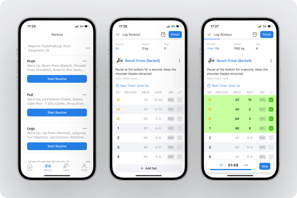 an overview of saved routines and using one to log a live gym workout in Hevy