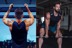 two photos side by side of two men, one doing pull-ups, and the other deadlifting