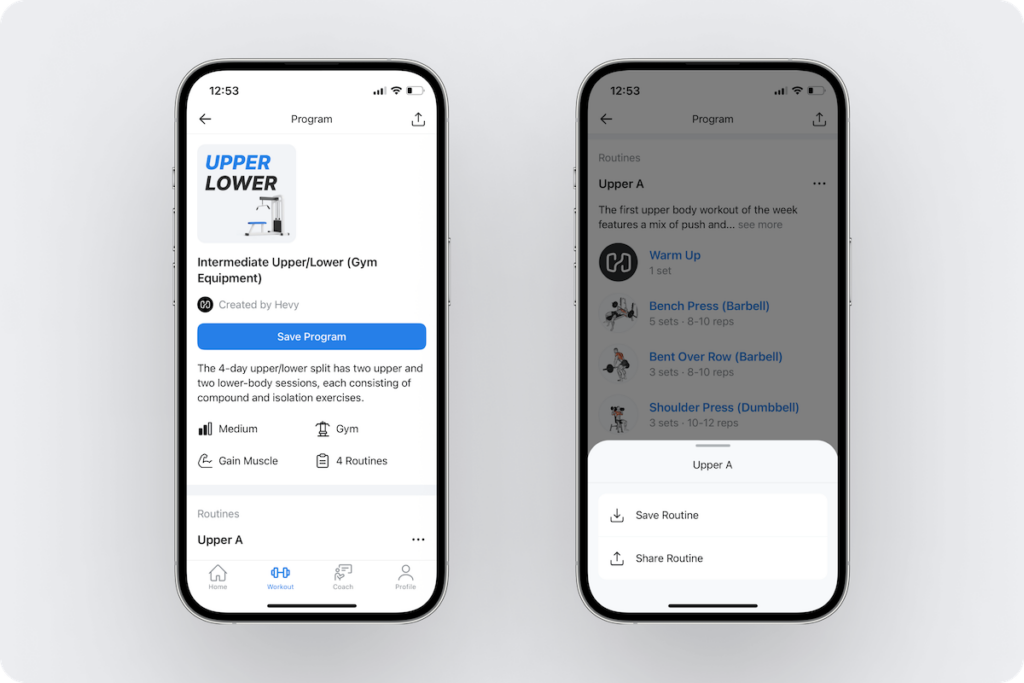 an overview of a single program in the Hevy routine library with an option to save or share a single workout