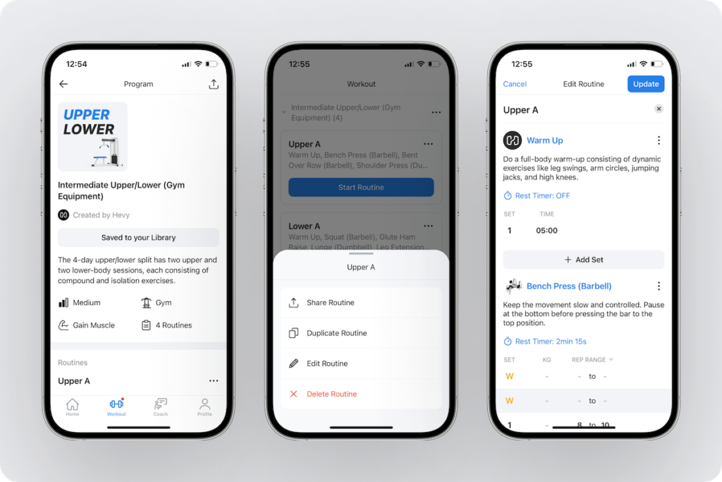 an overview of a routine in the hevy library with an option to save it to the user's personal library and edit the details