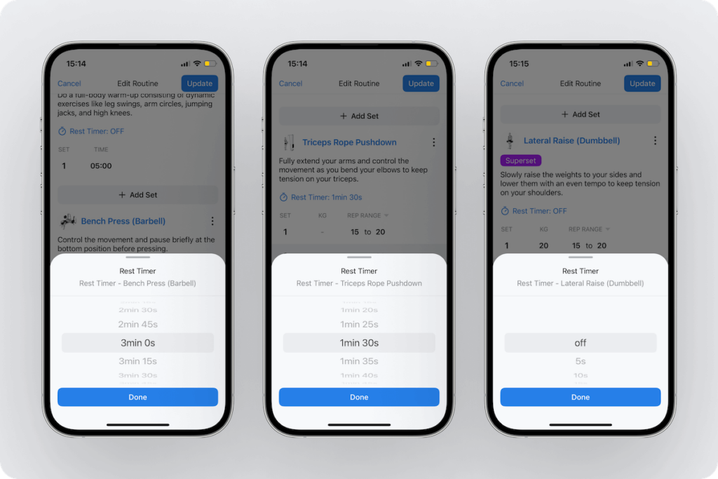 three settings options on three movements displayed for the Hevy rest timer