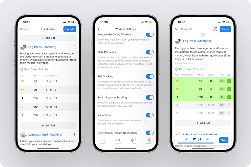 a look at the routine creation screen in Hevy, along with the setting to enable RPE and the RPE logging feature during a live session