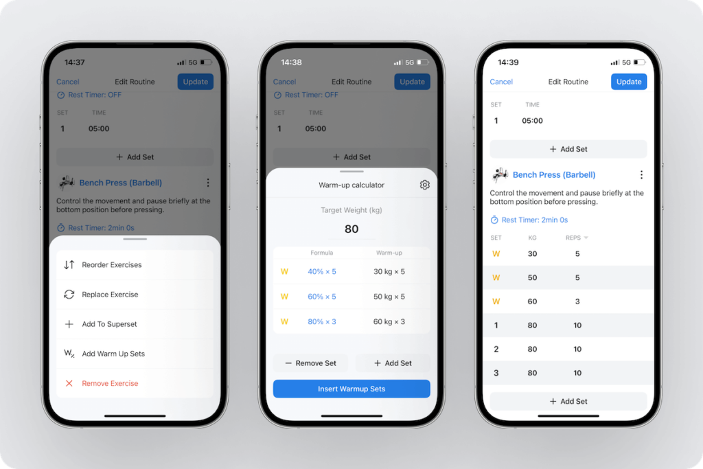 an overview of a warm-up set formula and how the sets appear when added to a workout