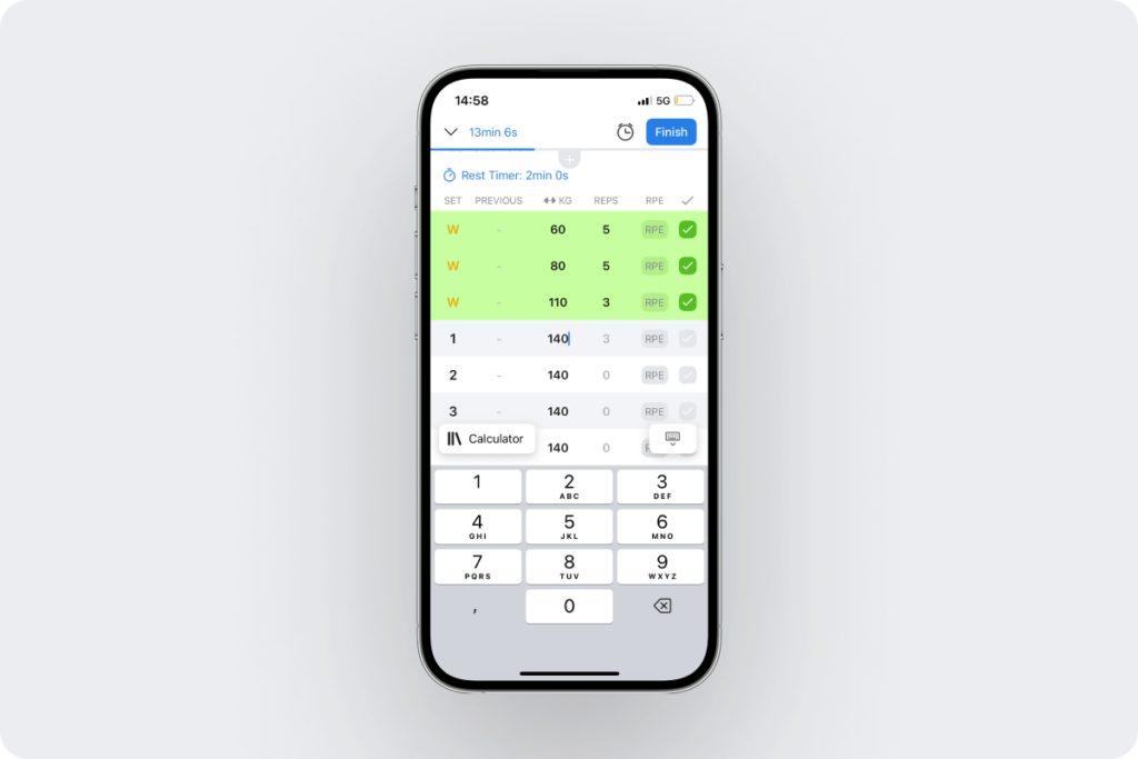 a look at multiple sets added to a barbell exercise in Hevy with the Calculator button available