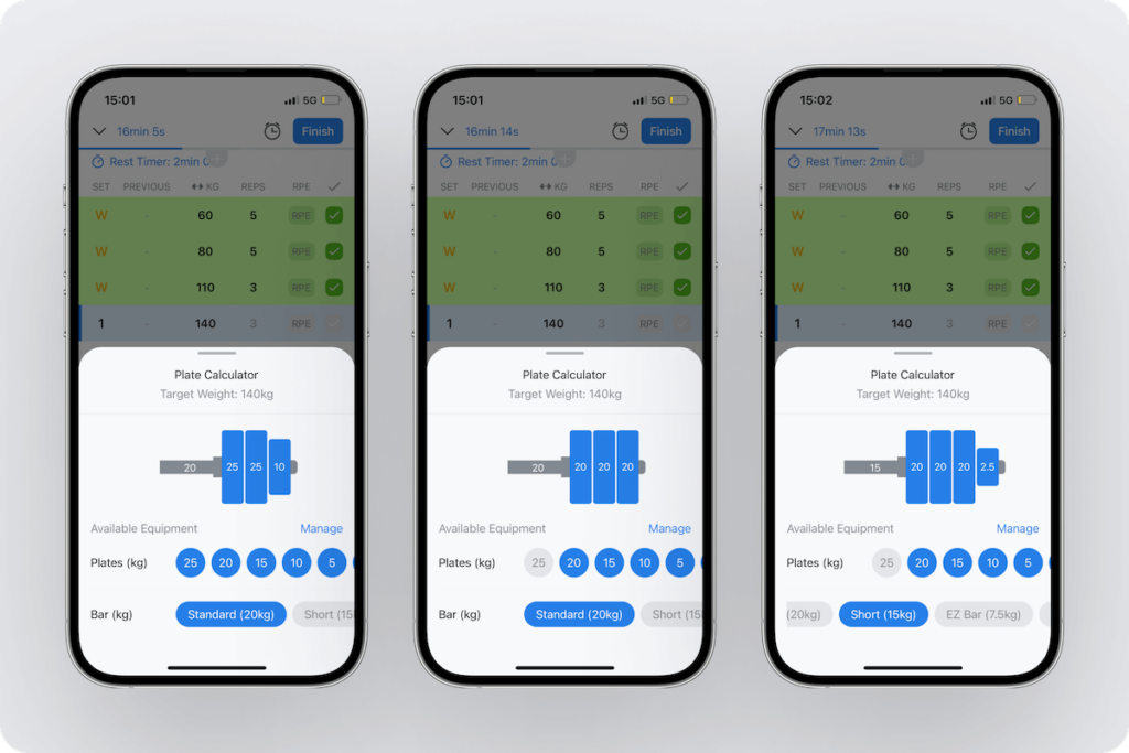 a look at options to select available plates and the weight of the bar when using Hevy's barbell calculator