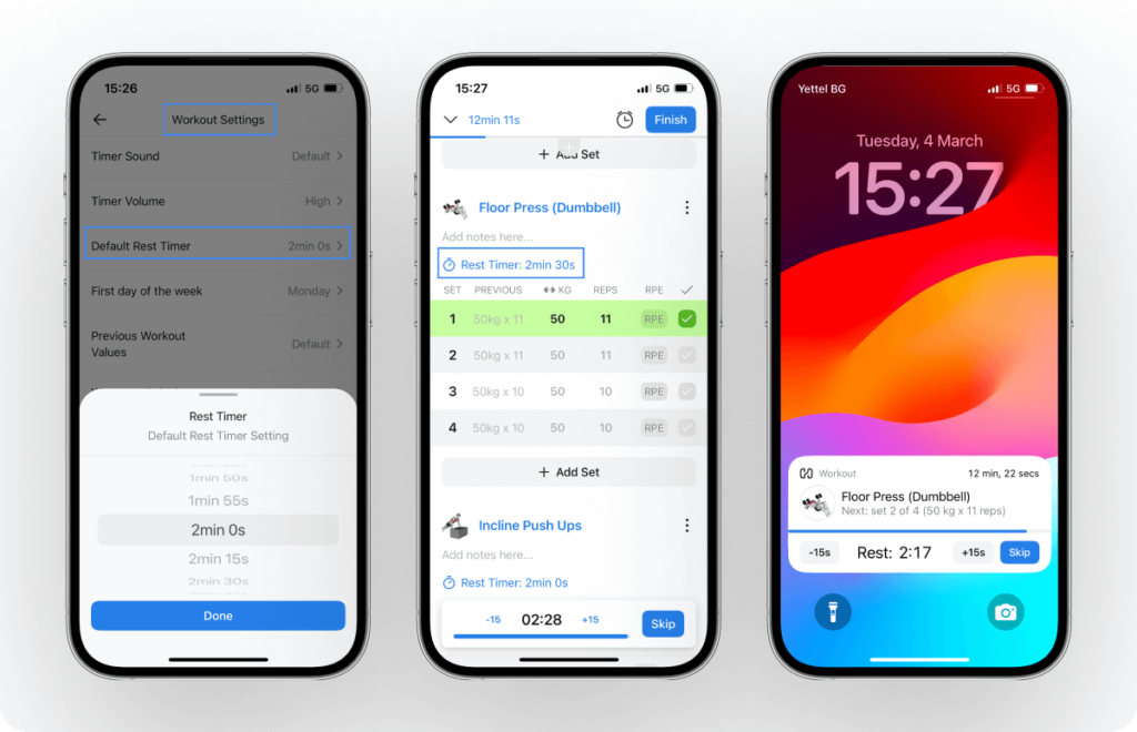 overview of how to set a default rest timer and per-exercise rest timer, and how to track the rest duration when logging a workout in Hevy