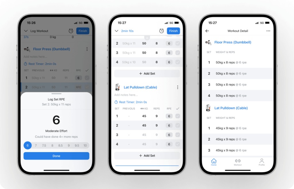overview of the ability to input RPE values for all sets at the start of a workout in Hevy to serve as a reminder
