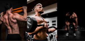 three side by side images showing men doing pull ups, bicep curls, and deadlifts in a gym setting